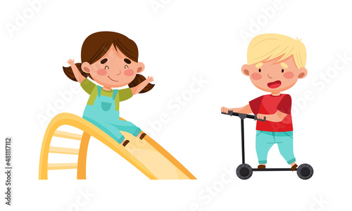 Cute happy kids sliding on slide and riding kick scooter set cartoon vector illustration