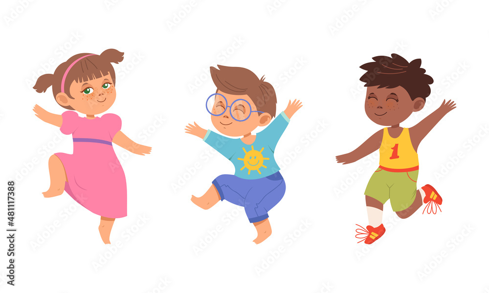 Happy kids dancing set. Energetic little children in motion cartoon vector illustration
