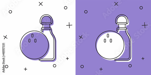 Set Bowling pin and ball icon isolated on white and purple background. Sport equipment. Vector