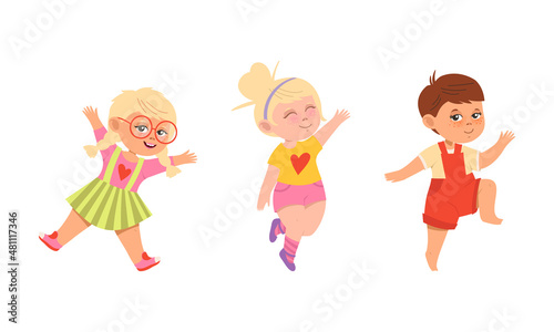 Happy kids dancing set. Energetic little children having fun cartoon vector illustration