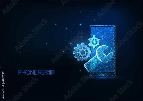 Futuristic phone repair service concept with glowing low polygonal smartphone, wrench and gear