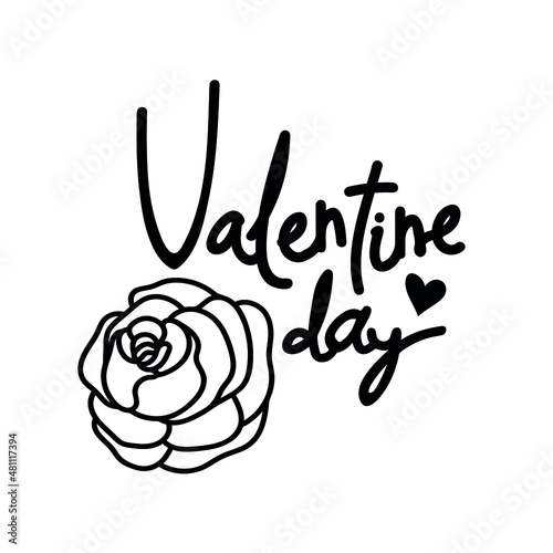 Hand-drawn inscription on Valentine s day. Roses and romantic hearts. Vector isolated black line element. 