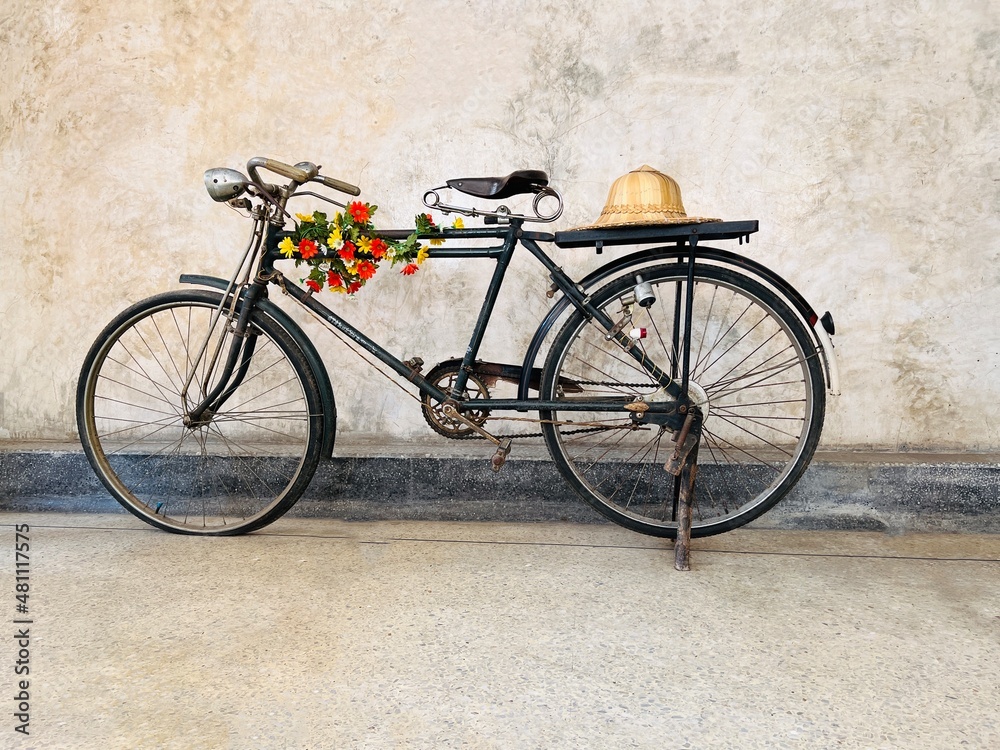old bicycle vintage cycle, wall, basket transport wheel