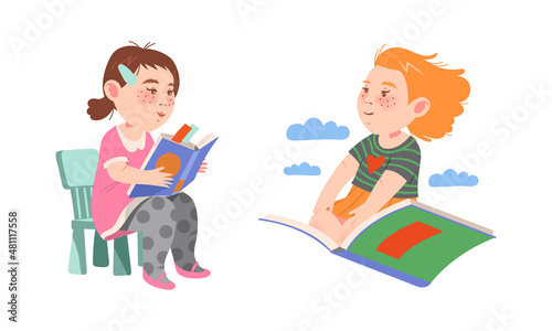 Adorable little girls reading books set. Young literature fans. Preschool activities and childhood education cartoon vector illustration