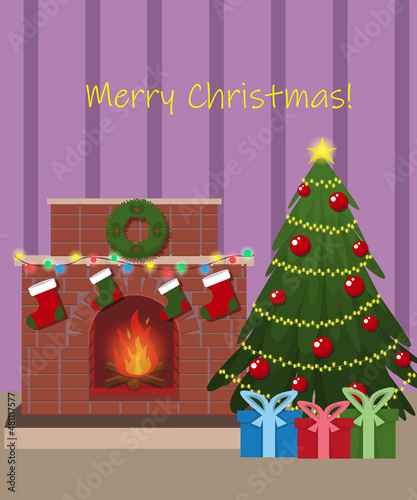Room with a fireplace, christmas tree and gifts.