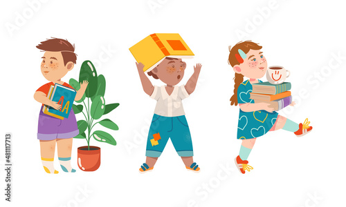 Cute kids holding books set. Young literature fans. Preschool activities and childhood education cartoon vector illustration