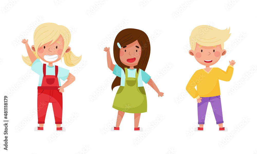 Set of children waving their hands in greeting. Cheerful kids standing with hand raised cartoon vector illustration Set of children waving their hands in greeting. Cheerful kids standing with hand raised cartoon vector illustration