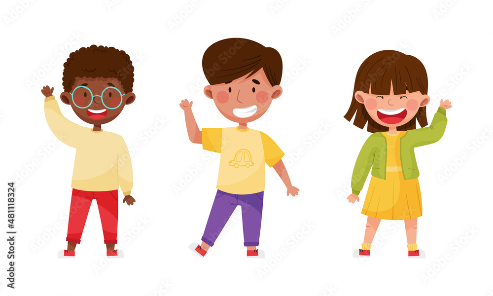 Smiling multiracial children waving their hands set cartoon vector illustration Smiling multiracial children waving their hands set cartoon vector illustration