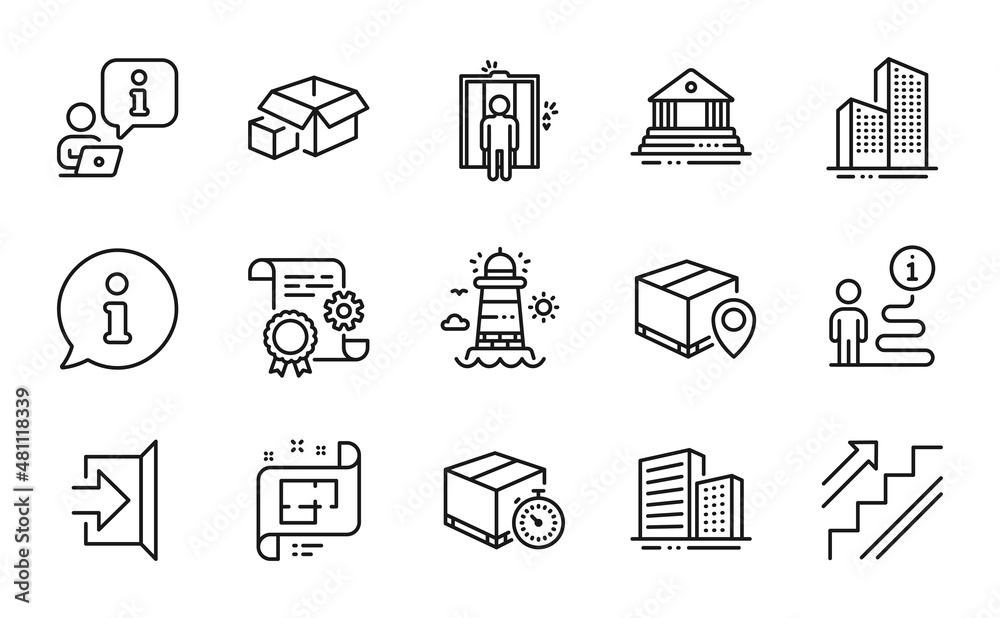 Industrial icons set. Included icon as Construction document, Buildings, Packing boxes signs. Lighthouse, Skyscraper buildings, Delivery timer symbols. Stairs, Architectural plan, Exit. Vector