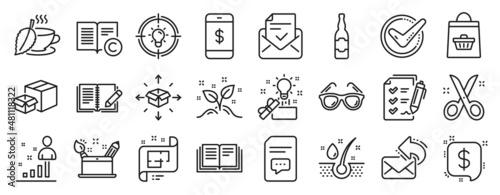 Set of line icons, such as Startup concept, Serum oil, Stats icons. Packing boxes, Architectural plan, Online buying signs. Share mail, Sunglasses, Beer bottle. Comments, Creative idea. Vector