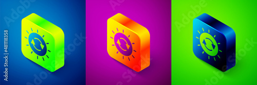 Isometric Solar energy panel icon isolated on blue, purple and green background. Sun with lightning symbol. Square button. Vector