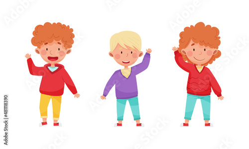 Smiling boys waving their hands in greeting set cartoon vector illustration