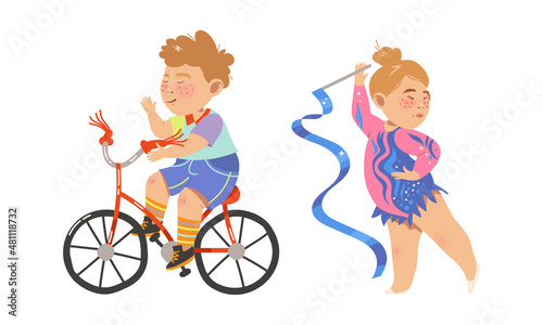 Cute kids doing sports set. Children riding bicycle and doing rhythmic gymnastics. Physical activity and healthy lifestyle cartoon vector illustration
