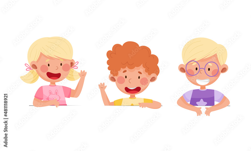 Cheerful little children peeking out from wall or looking over blank sign board cartoon vector illustration