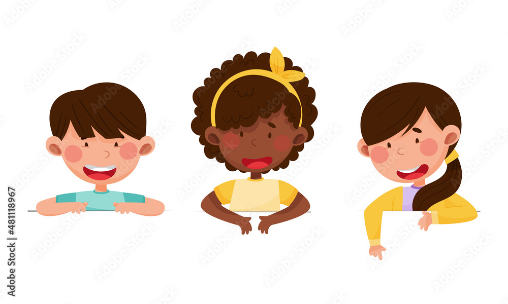 Happy smiling little children peeking out from wall or looking over blank sign board cartoon vector illustration Happy smiling little children peeking out from wall or looking over blank sign board cartoon vector illustration
