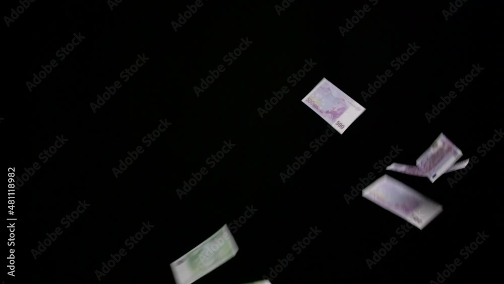 finance, money and wealth concept - euro banknotes flying over black background