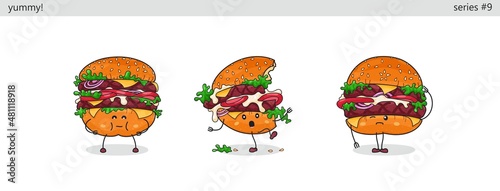 Hamburger. Set of cute kawaii characters. Funny cartoon fast food icons in different situations. Vector comic style graphics