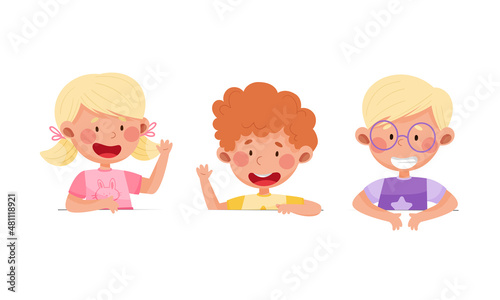 Cheerful little children peeking out from wall or looking over blank sign board cartoon vector illustration
