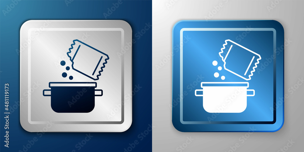 White Cooking pot and spice icon isolated on blue and grey background. Boil or stew food symbol. Silver and blue square button. Vector White Cooking pot and spice icon isolated on blue and grey background. Boil or stew food symbol. Silver and blue square button. Vector
