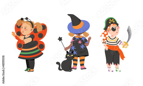 Kids in halloween costumes set. Cute children dressed as butterfly, witch and pirate cartoon vector illustration