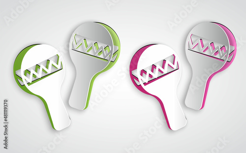 Paper cut Maracas icon isolated on grey background. Music maracas instrument mexico. Paper art style. Vector