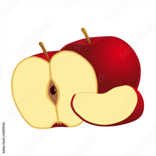 illustration de la pomme « Gala » avec sa belle couleur rouge et jaune, représenté entière, coupée en deux et en quartier.