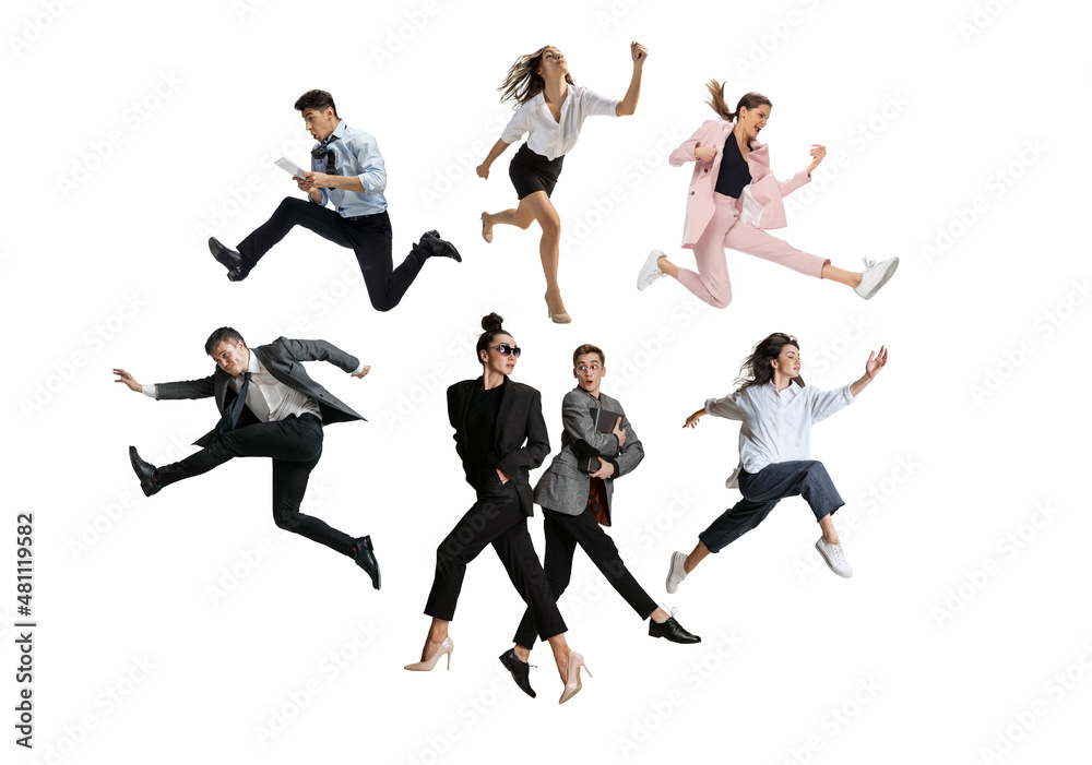 Male and female office workers jumping and dancing in casual and business style clothes with folders, coffee, tablet on white background. Ballet dancers. Set