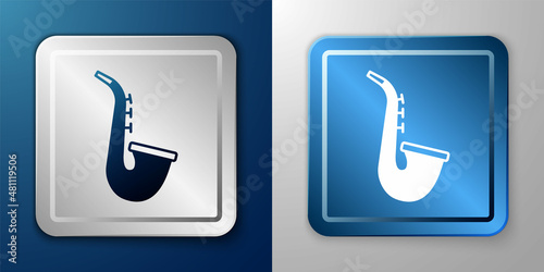 White Musical instrument saxophone icon isolated on blue and grey background. Silver and blue square button. Vector