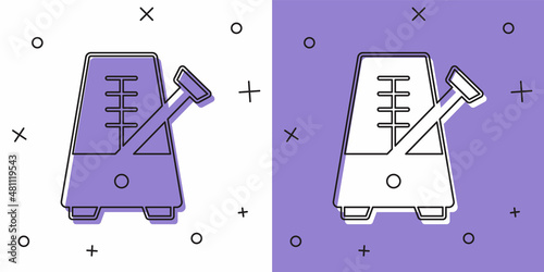 Set Classic Metronome with pendulum in motion icon isolated on white and purple background. Equipment of music and beat mechanism. Vector