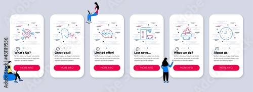 Set of line icons, such as Coffee machine, Megaphone, Target icons. UI phone app screens with teamwork. Creativity, Breathing exercise, Clock line symbols. Vector