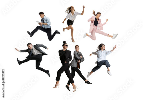 Male and female office workers jumping and dancing in casual and business style clothes with folders  coffee  tablet on white background. Ballet dancers. Set