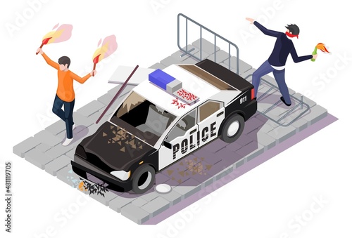 Protest action against the police, vector isometric illustration. Violent public disturbance, street riot.