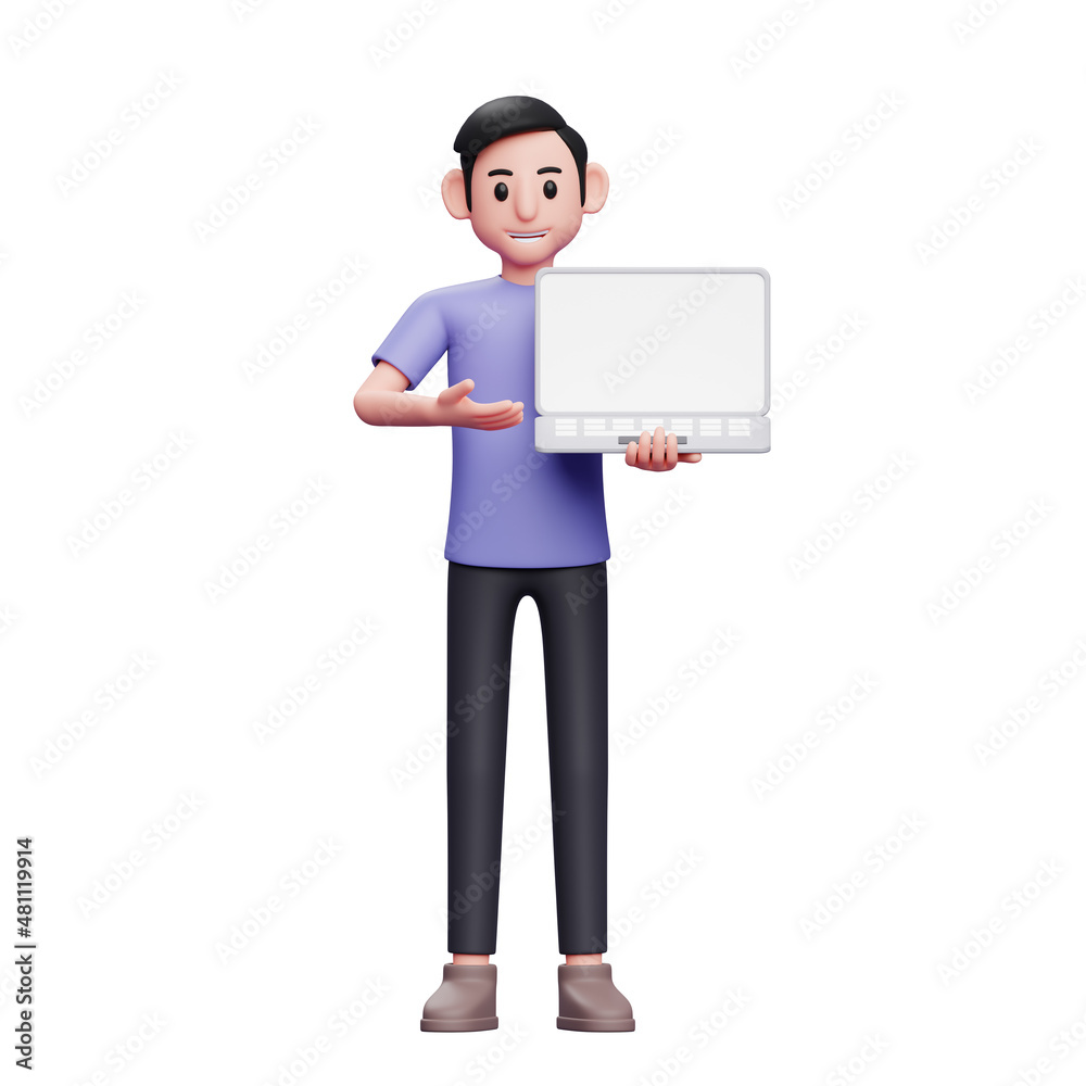 boy standing offering product by showing laptop screen 3d render character illustration boy standing offering product by showing laptop screen 3d render character illustration
