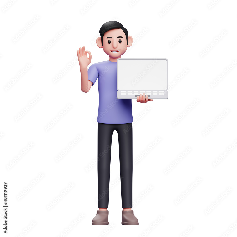 man standing holding laptop while giving ok sign with hand 3d render character illustration man standing holding laptop while giving ok sign with hand 3d render character illustration