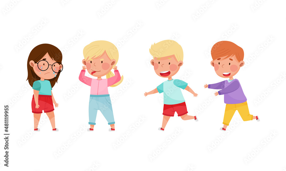Cute kids playing together and teasing each other cartoon vector illustration