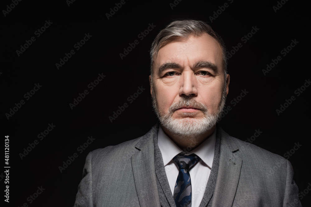 senior bearded man in grey blazer and tie looking at camera isolated on black. senior bearded man in grey blazer and tie looking at camera isolated on black.