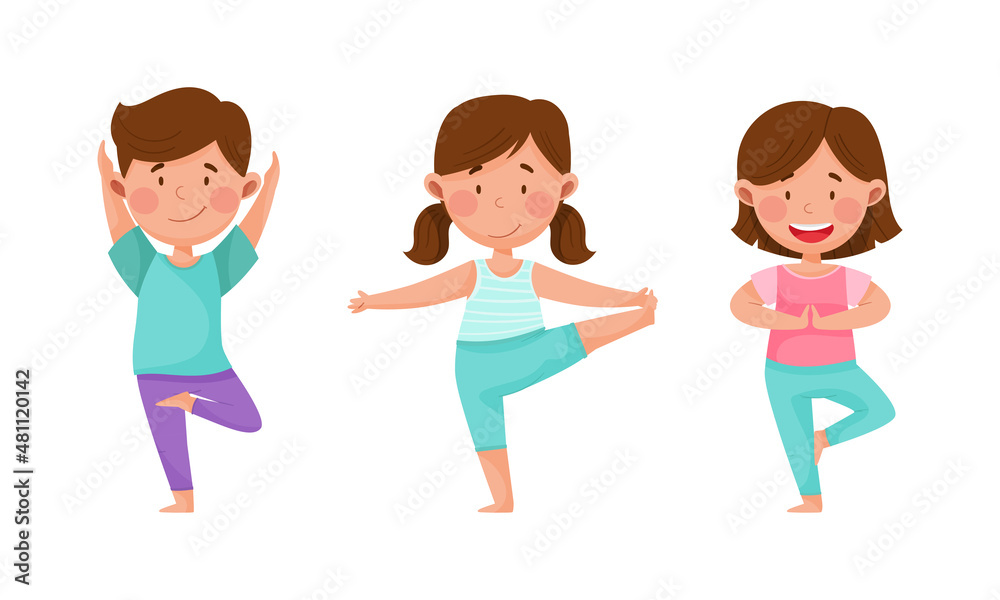 Kids doing yoga in different yoga poses. Cute children doing sports exercises cartoon vector illustration Kids doing yoga in different yoga poses. Cute children doing sports exercises cartoon vector illustration
