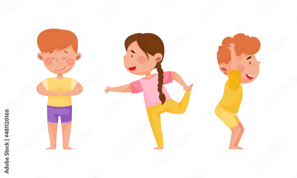Kids doing yoga in different yoga poses set cartoon vector illustration Kids doing yoga in different yoga poses set cartoon vector illustration
