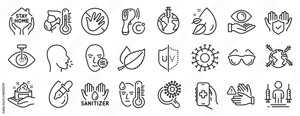 Set of Medical icons, such as Eye drops, Pandemic vaccine, Stay home icons. Electronic thermometer, Coronavirus, Insurance hand signs. Fever, Health app, Problem skin. Health eye, Cough. Vector - obrazy, fototapety, plakaty 