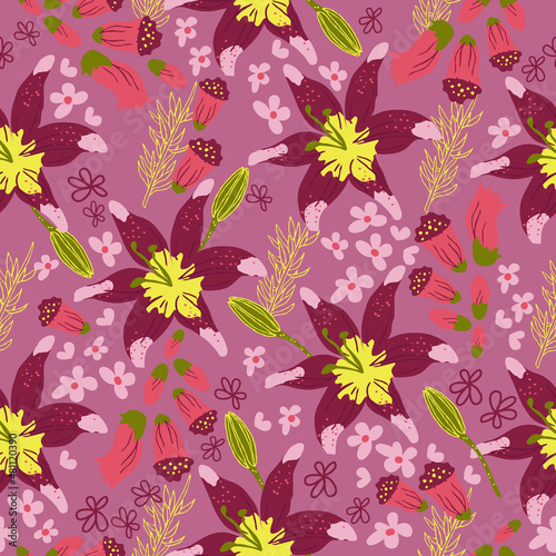 Lilium flower  floral vector seamless pattern background.