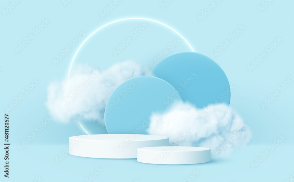 3d realistic podium product and smoke clouds. Blue and white 3d render scene with product podium display and clouds. Vector illustration - obrazy, fototapety, plakaty 