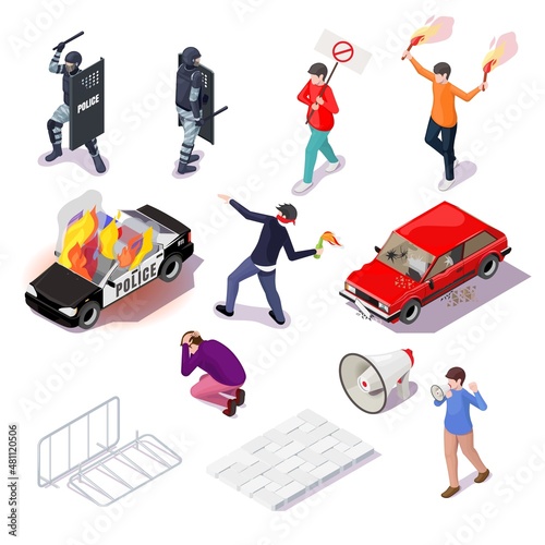 Protest action isometric icon set. Police officer, protester, burning car. Riot, revolution, demonstration, rally strike