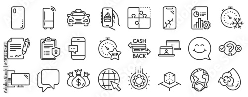 Set of Technology icons  such as Puzzle  Smartphone broken  Freezing timer icons. Computer  Smartphone message  Refrigerator signs. Taxi  Report  Internet. Privacy policy  Signing document. Vector
