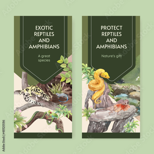 Flyer template with reptiles and amphibians animal concept,watercolor style