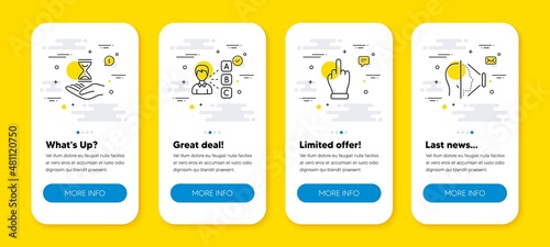 Vector set of Middle finger, Time hourglass and Opinion line icons set. UI phone app screens with line icons. Face id icon. Gesture, Sand watch, Choose answer. Phone scanning. Phone UI banners. Vector
