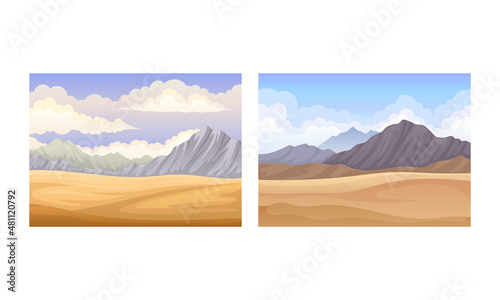 Beautiful scenes of nature set. Natural mountain landscape at day time vector illustration
