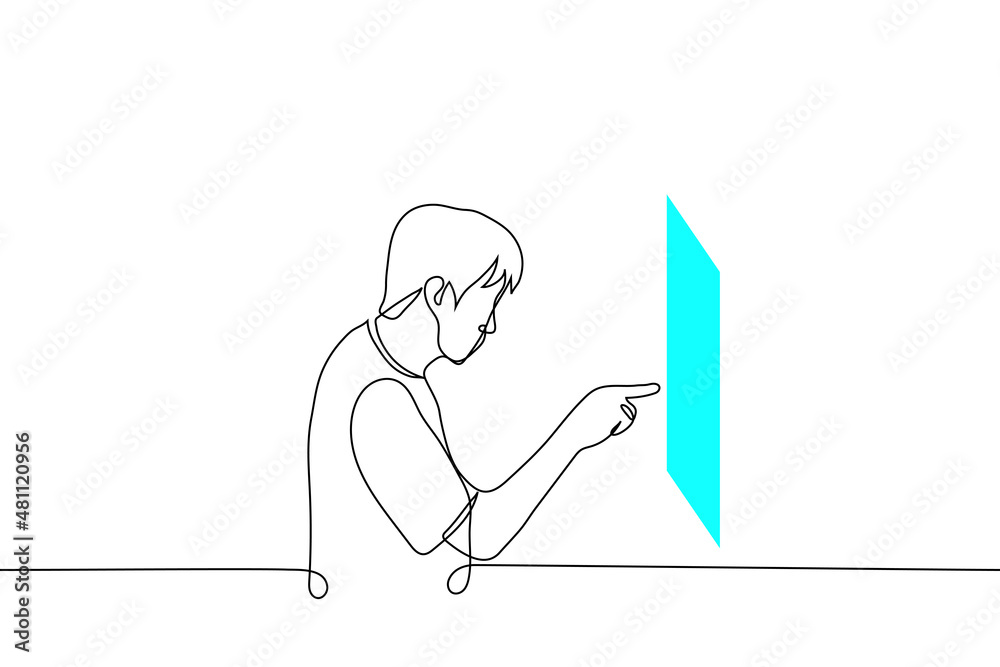 man pokes finger at blue flat screen hanging in air in front of him - one line drawing vector. virtual reality concept, visualization of infographics or touchpad control panel man pokes finger at blue flat screen hanging in air in front of him - one line drawing vector. virtual reality concept, visualization of infographics or touchpad control panel
