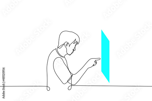 man pokes finger at blue flat screen hanging in air in front of him - one line drawing vector. virtual reality concept, visualization of infographics or touchpad control panel