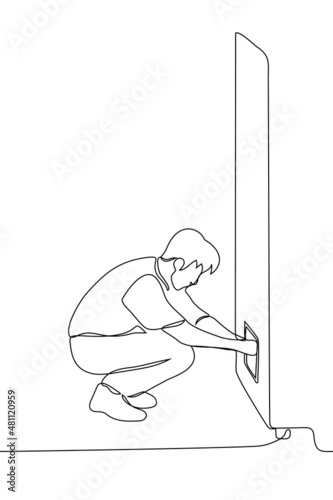 man squats and picks up his purchase from vending machine - one line drawing vector. buying drink or snack at vending machine
