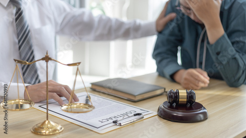 Картината върху платно Prosecutor or lawyer comforts a client who is worried about a fraudulent business, Legal and Justice Litigation Assistance, legal consultant, scales of justice, law hammer, Litigation and justice